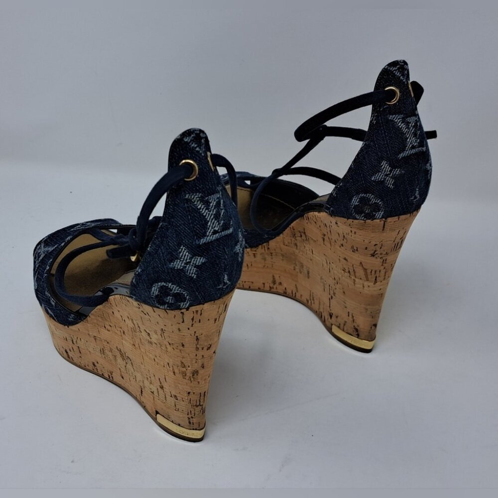 Louis Vuitton Monogram Denim Wedge Platform Ankle Wrap Pumps Shoes 7.5 / 37.5 EU - Picture 7 of 16